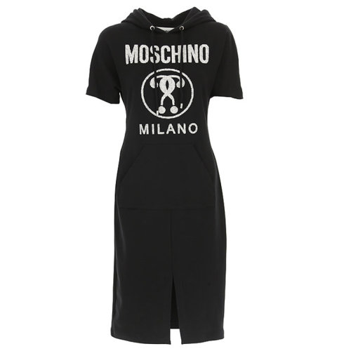 MOSCHINO/莫斯奇諾  時尚圖案字母印花 女士黑色棉質(zhì)連帽短袖連衣裙 04405526A3555
