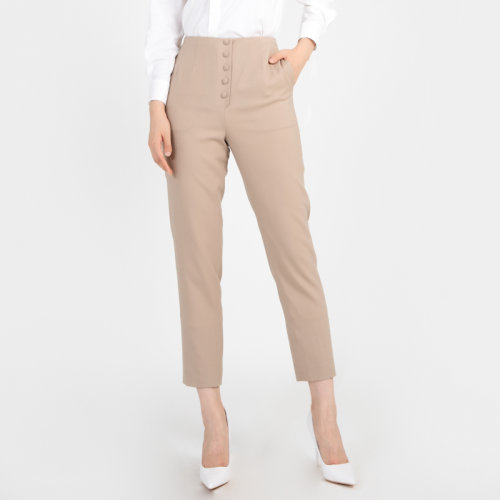 bifubyxingchen/彼伏卡其色前排裝飾扣羊毛收腿褲女士西褲