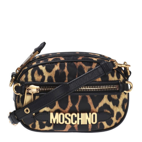 MOSCHINO/莫斯奇諾 女士棕色聚酰胺經(jīng)典字母徽標(biāo)豹紋印花拉鏈開合小號單肩包斜挎包女包 B7411-8211-1555