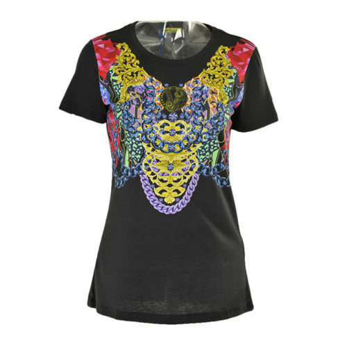 VERSACE JEANS 范思哲牛仔 女士 服裝  黑色圓領(lǐng)花朵印花棉質(zhì)T恤 女士短袖T恤