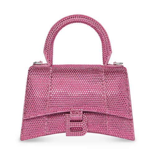 Balenciaga/巴黎世家 22新款 HOURGLASS MODEL XS系列 女士粉色絨面小牛皮飾有水鉆做舊銀色飾面拆卸調(diào)節(jié)肩帶肩背手提包59283328D0Y5872