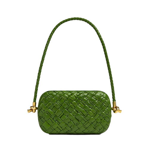 Bottega Veneta/葆蝶家 22新款 Minaudière系列 女士牛油果綠色羔羊皮帶褶皺Intrccio圖案磁扣框架開合單肩包717623V2H413150