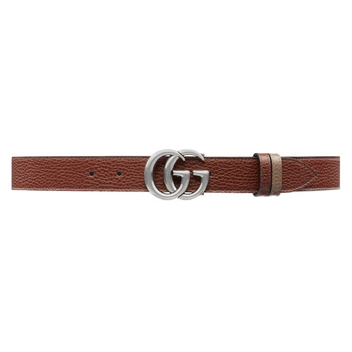 GUCCI/古馳 22年春夏新款 男士磚紅色/棕色皮革銀色雙G帶扣雙面窄版腰帶30毫米643847CAO2N6780