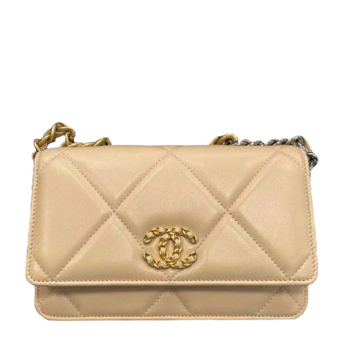 CHANEL/香奈兒  色19 米色皮革金銀拼色鏈條手提斜跨單肩包