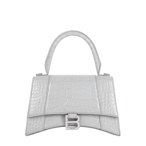 Balenciaga/巴黎世家 22春夏新款HOURGLASS系列 女士小號(hào)淺灰色閃亮鱷魚(yú)壓紋牛皮革銀扣單肩手提沙漏包5935461LR6Y1108