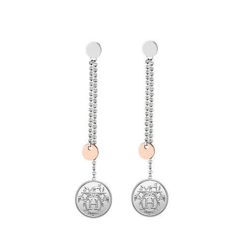 HERMES/愛(ài)馬仕 經(jīng)典Hermès Ex-Libris系列 小號(hào)925純銀18K金玫瑰金圓形掛墜耳墜耳環(huán)H120540B