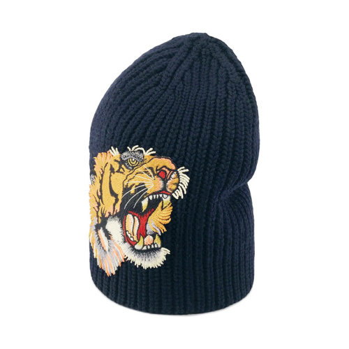 GUCCI/古馳 古琦 男士 虎頭刺繡 時(shí)尚深藍(lán)色羊毛針織帽子 456367 4G476 4075