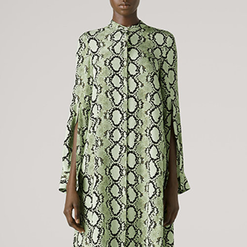 St.John/盛薔21春夏女士短袖襯衫綠色蛇紋桑蠶絲中長款連衣裙K113C03