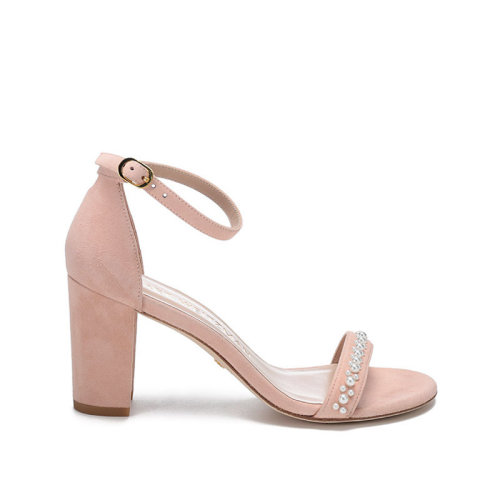 Stuart Weitzman/斯圖爾特韋茨曼【22春夏新款】女士絨面革一字帶粗跟鞋高跟涼鞋 NEARLYNUDE DEMIPEARL