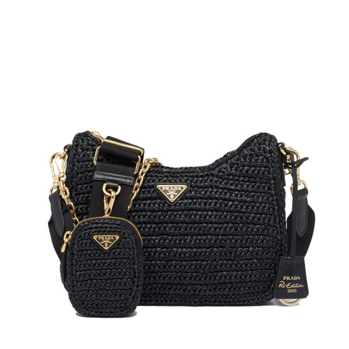 PRADA/普拉達(dá) 22新款Re-Edition 2005系列 女士黑色酒椰纖維金屬三角形徽標(biāo)可拆卸拉鏈?zhǔn)叫〈鼏渭缡痔岚?BH204_2A2T_F0002_V_V9L