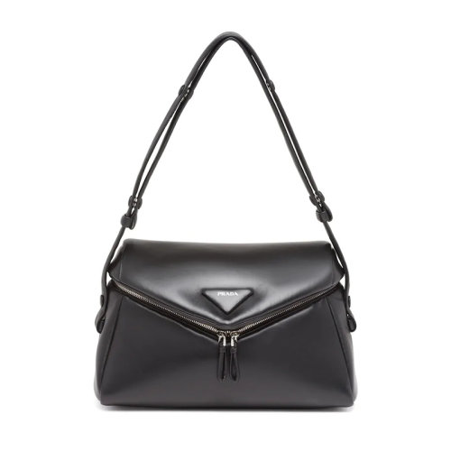PRADA/普拉達 Signaux系列 黑色納帕皮革 簡約絎縫填充翻蓋單肩包1BC165_2DX8_F0002_V_OOO