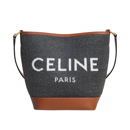 CELINE/賽琳 22新款 女士小號灰色/米色紡織配小牛皮按扣開合單肩斜挎水桶包191442ENU.09BE