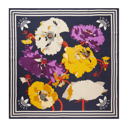 GUCCI/古馳 22年秋冬新款 adidas聯(lián)名系列 女士海軍藍色桑蠶絲加大花朵印花圍巾絲巾方巾6925943G0014175