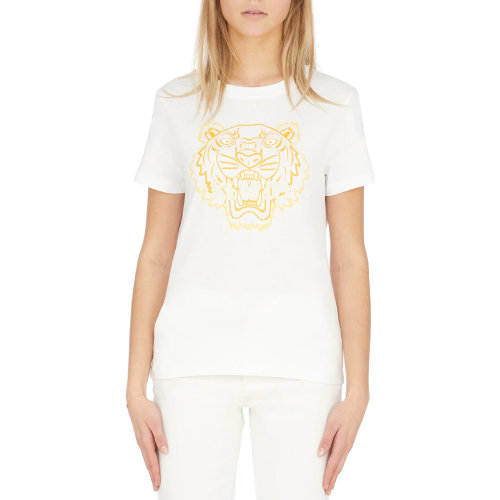 Kenzo/高田賢三 女士白色棉質(zhì)經(jīng)典虎頭圖案裝飾圓領(lǐng)短袖上衣T恤 FC52TS8464YG-01B