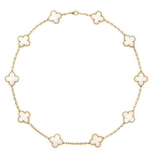Van Cleef & Arpels/梵克雅寶 經(jīng)典Vintage Alhambra系列 18k金黃金鑲嵌白珍珠母貝10四葉草項鏈VCARA42800