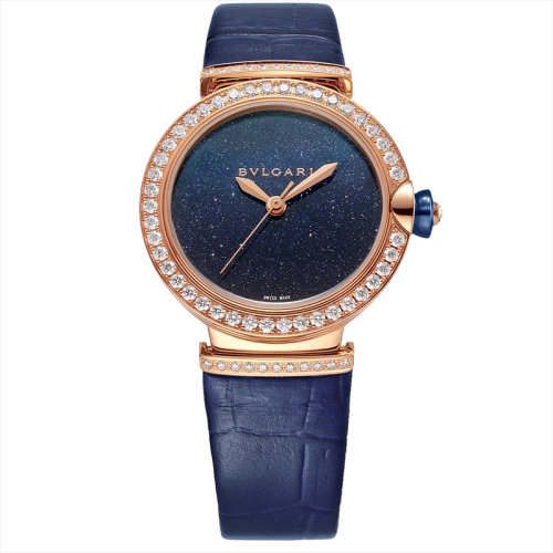 BVLGARI/寶格麗 LVCEA自動機械手表 表殼和鏈節(jié) 鑲有拋光的18K金玫瑰金圓形明亮式切割鉆石 藍(lán)色東陵石表盤和藍(lán)色鱷魚皮表帶 33毫米 103341