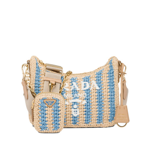 PRADA/普拉達(dá) 22新款Re-Edition 2005系列 女士棕褐色淺藍(lán)色柳條編織拉鏈拉合單肩斜挎手提包1BH204_2A2T_F0O8A_V_V9R