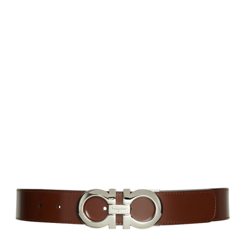 Salvatore Ferragamo/菲拉格慕 男士 棕色牛皮磨砂鈀金色Gancini扣飾雙面可用腰帶皮帶 男士腰帶 675542-746520