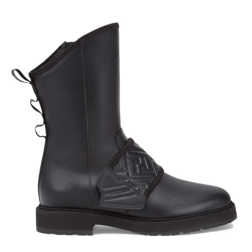 FENDI/芬迪 女士黑色經(jīng)典雙F徽標(biāo)壓花標(biāo)內(nèi)里羊毛側(cè)面拉鏈鞋尾緞帶踝靴短靴馬丁靴作戰(zhàn)靴女靴 8T8076-AEGD-F08M4