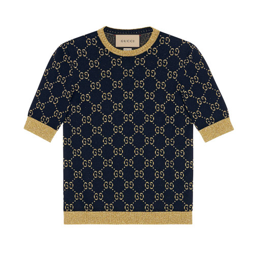 GUCCI/古馳 女士深藍(lán)色GG棉質(zhì)金銀絲線上衣?526759X9W834921