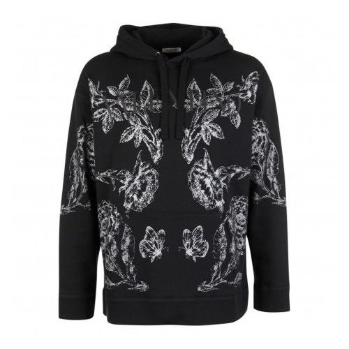 Valentino/華倫天奴 男士黑色棉質(zhì)印花裝飾連帽抽繩長袖上衣衛(wèi)衣連帽衫套頭衫運動衫 WV3MF18I-7LH-L48