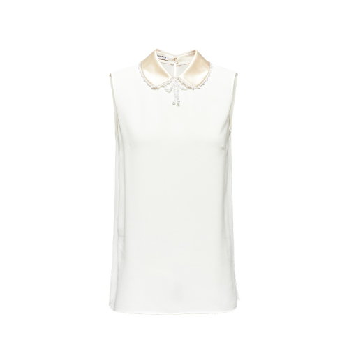 MiuMiu/繆繆 白色 女士娃娃領(lǐng)無袖襯衫 MT1513_1GHE_F0K74