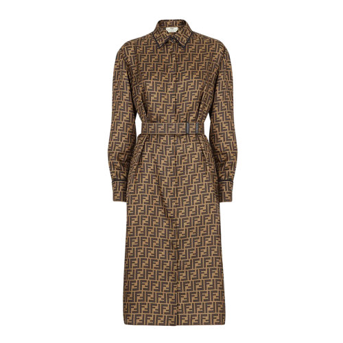FENDI/芬迪      女士棕色絲綢直筒襯衫式連衣裙FDB677A8G3F118W