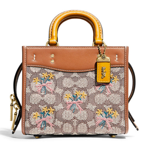 COACH/蔻馳 Rogue系列17女士拼色織物配皮經(jīng)典雙C紋提花花束圖案刺繡裝飾拉鏈開合單肩包斜挎包手提包女包 C5465B4TA7