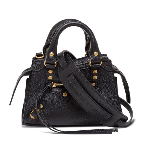 Balenciaga/巴黎世家 NEO CLASSIC系列女士黑色粒面小牛皮鉚釘元素拉鏈開合單肩包斜挎包手提包梯形包女包 638527-15Y41-1000