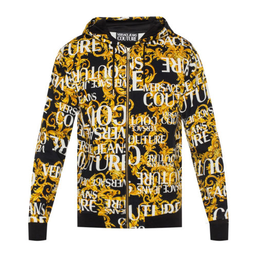 VERSACE JEANS/范思哲牛仔 男士黑色棉質(zhì)經(jīng)典字母徽標(biāo)印花裝飾拉鏈開合長袖上衣外套連帽衫 B7GUA7FA-SH600-899