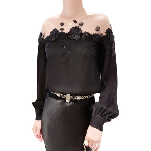 GeleiStory/GeleiStory  夏季新款優(yōu)雅氣質(zhì)修身繡花真絲襯衫上衣女士長袖襯衫