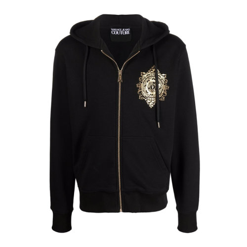 VERSACE JEANS/范思哲牛仔 男士黑色棉質經典字母徽標裝飾拉鏈開合長袖上衣外套連帽衫運動衫 71GAIF06-CF00F-G89