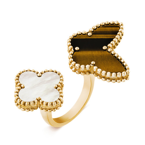 Van Cleef & Arpels/梵克雅寶 經(jīng)典Lucky Alhambra系列 18k金黃金白珍珠貝母四葉草虎眼蝴蝶開口戒指/指環(huán)VCARN05800