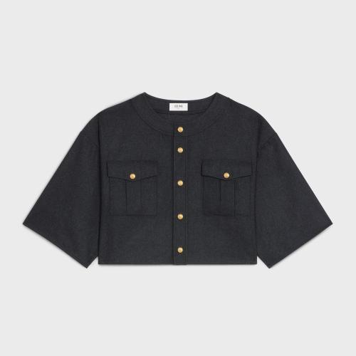  CELINE賽琳思琳 22年秋冬 女士 短袖襯衫 山羊絨法蘭絨短上衣 2B708561F.10AN