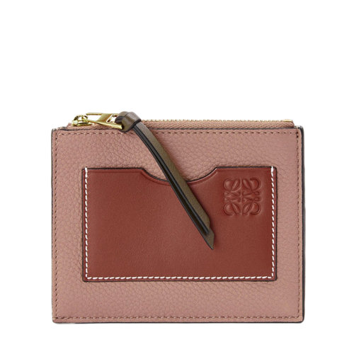 LOEWE/羅意威  女士深粉色深銹色柔軟粒面小牛皮拉鏈卡包卡片夾0010640043