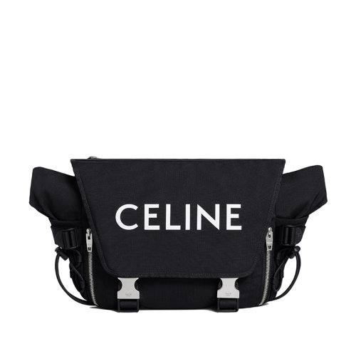 CELINE/賽琳 22春夏新款 男士中號白色CELINE印花黑色錦綸翻蓋徒步斜挎單肩郵差包198692DMT.38SI