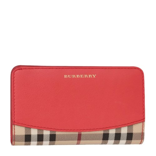 BURBERRY/博柏利 女士西瓜紅牛皮經(jīng)典格紋拼接長(zhǎng)款錢包錢夾手拿包 3963121