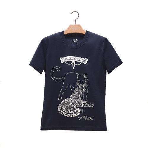 HERMES/愛馬仕 22年秋冬新款 女士深藍色棉質(zhì)叢林動物圖案印花圓領(lǐng)短袖T恤H2H4616DHTC34