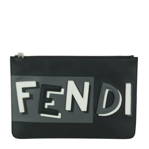 FENDI/芬迪 POUCH系列男士拼色皮革經(jīng)典字母徽標(biāo)印花裝飾拉鏈開合手拿包公文包男包 7N0078-A0YU-F0P7D