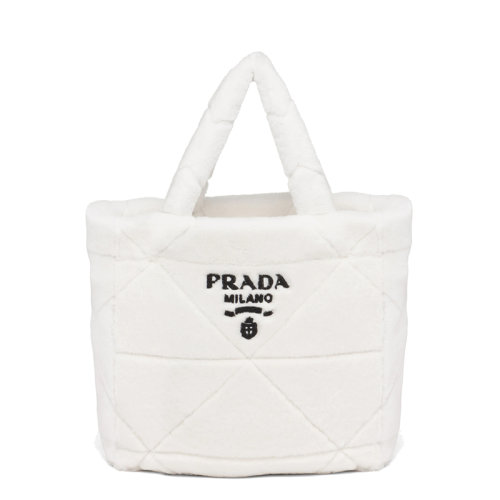 PRADA/普拉達  女士白色羊皮毛刺繡刻字徽標配可拆卸羊皮毛拉鏈式小袋手提托特包1BG427_2EC9_F0964_V_OWO