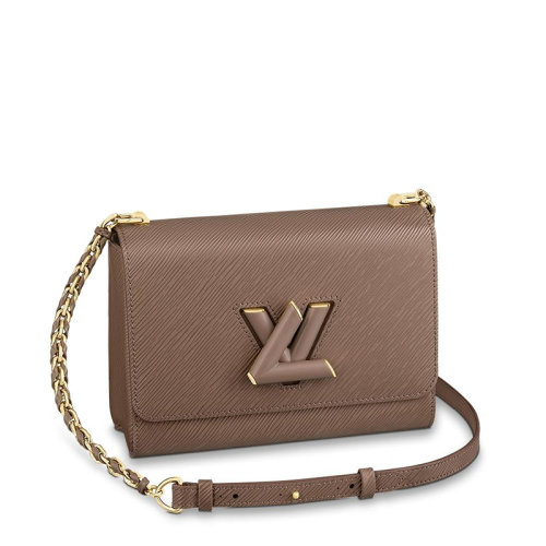 Louis Vuitton/路易威登 經(jīng)典款TWIST系列 女士中號煙熏棕水波紋粒面牛皮革飾皮革纏繞金色皮革鏈帶旋轉(zhuǎn)徽標(biāo)扣單肩斜挎手提包M58772