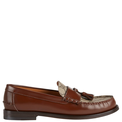 GUCCI/古馳 22年春夏新款 PINEAPPLE系列 男士棕色皮革與米色和烏木色老花帆布流蘇樂福鞋67381717X302261