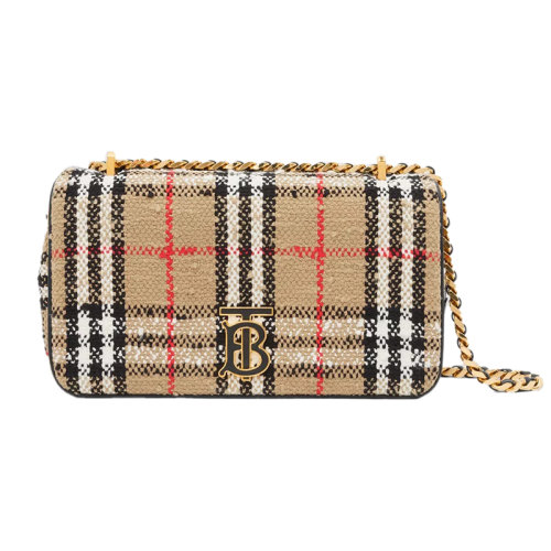 BURBERRY/博柏利 22新款 Lola Vintage系列 女士小號棕色圈圈棉/羊毛混紡格紋圖案翻蓋磁扣開合拋光金屬單肩斜挎包80630801