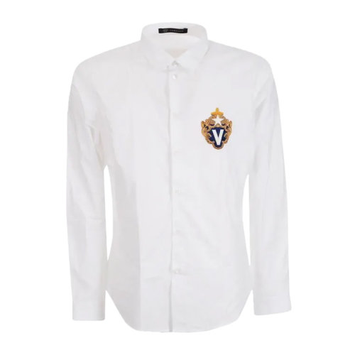 VERSACE/范思哲 男士白色棉質(zhì)經(jīng)典字母徽標(biāo)裝飾翻領(lǐng)長袖上衣襯衣襯衫 A82563-A222403-A001