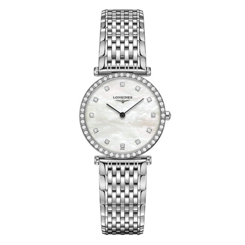 LONGINES/浪琴  嘉嵐系列 石英表精鋼帶鉆表殼鋼鏈白珍珠貝母盤(pán)男女同款表29毫米L4.523.0.87.6