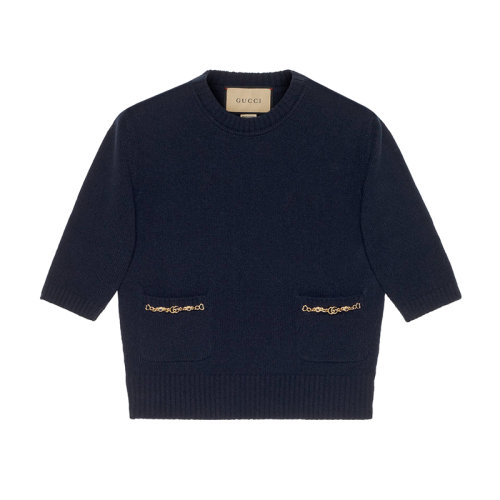 GUCCI/古馳 女士深藍(lán)色圓領(lǐng)短袖雙G鏈條羊絨衫662191XKBYJ4759