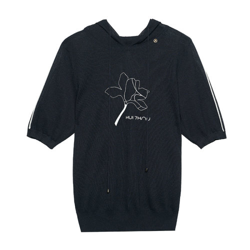 HUI/卉 女士休閑套裝20春夏新款深古藍色短袖套頭衫連帽+束腳松緊腰休閑褲套裝