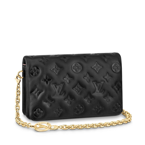 Louis Vuitton/路易威登  COUSSIN系列 女士黑色會標壓紋小羊皮翻蓋鏈條單肩斜挎手拿包M80742
