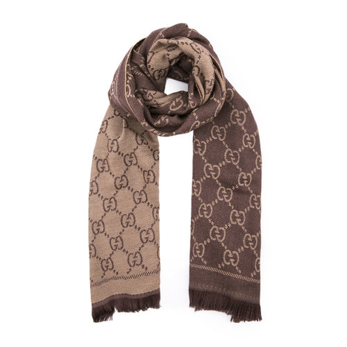 GUCCI/古馳 男女通用 中性深棕色羊毛雙G圖案提花中長款流蘇邊圍巾圍脖 133483-3G200-2764