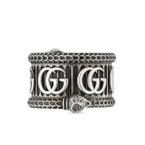 GUCCI/古馳 22春夏新款 純銀做舊效果邊緣飾織紋靈蛇滾邊雙G戒指577201J84000811